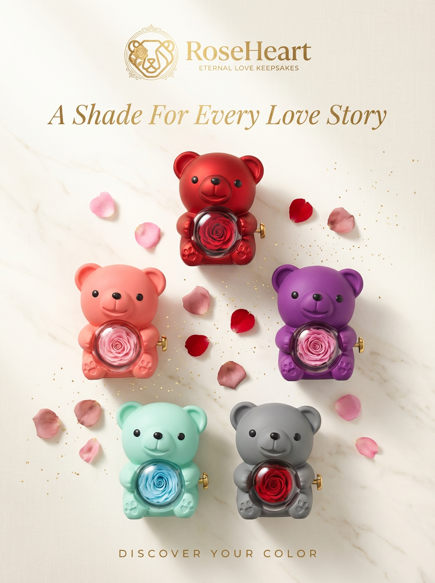 A Shade For Every Love Story — overhead view of five RoseHeart preserved-rose teddy bear keepsakes on marble with scattered rose petals and gold accents