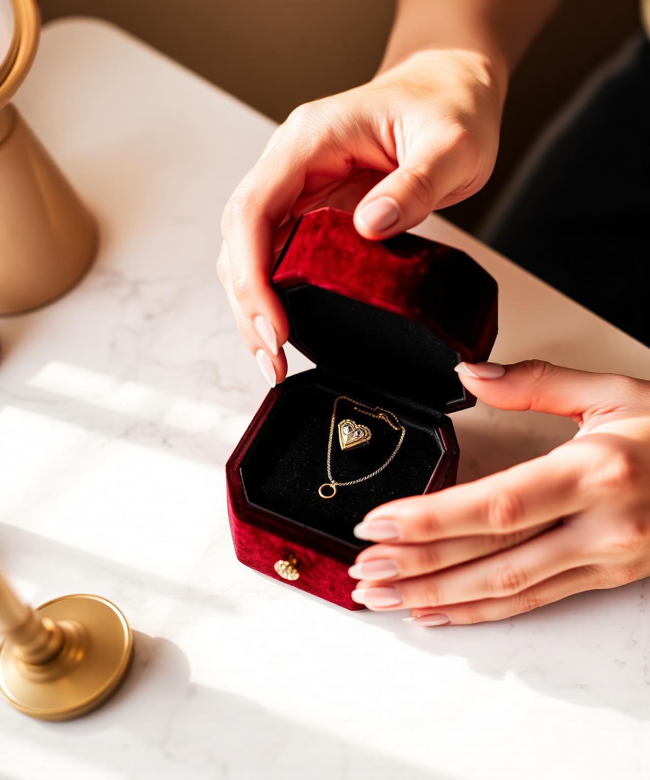 A woman opening a RoseHeart luxury keepsake box on her vanity table